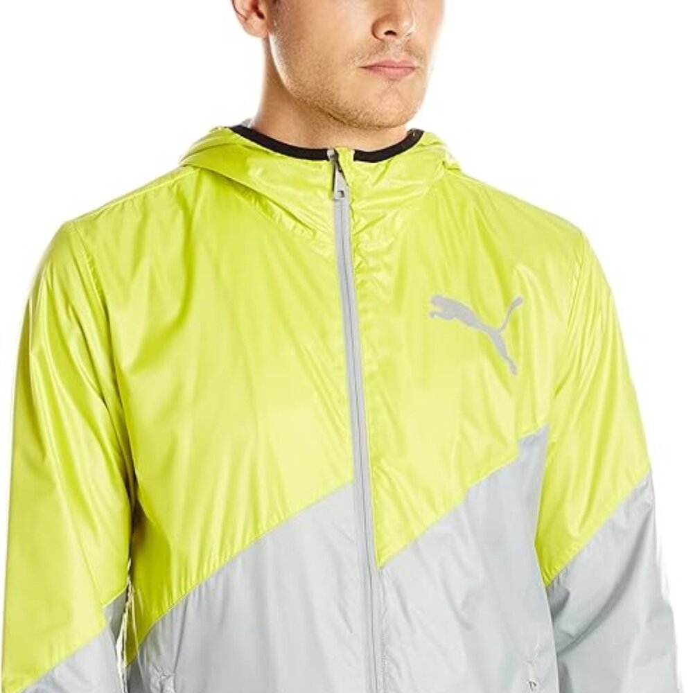 PUMA Men's Clash State Hooded Jacket - Yellow & Gray Windbreaker Mesh Interior L